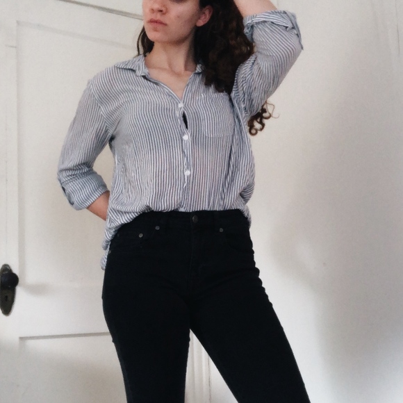 Blue White Striped Button Down with Collar - Picture 3 of 3